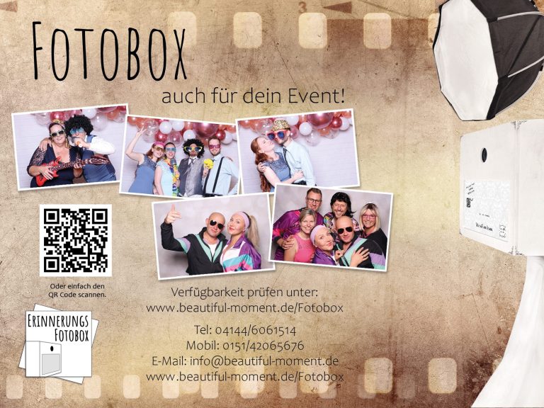 Fotobox mit Fotos von Eventgästen und Kontaktdaten für Buchungen.